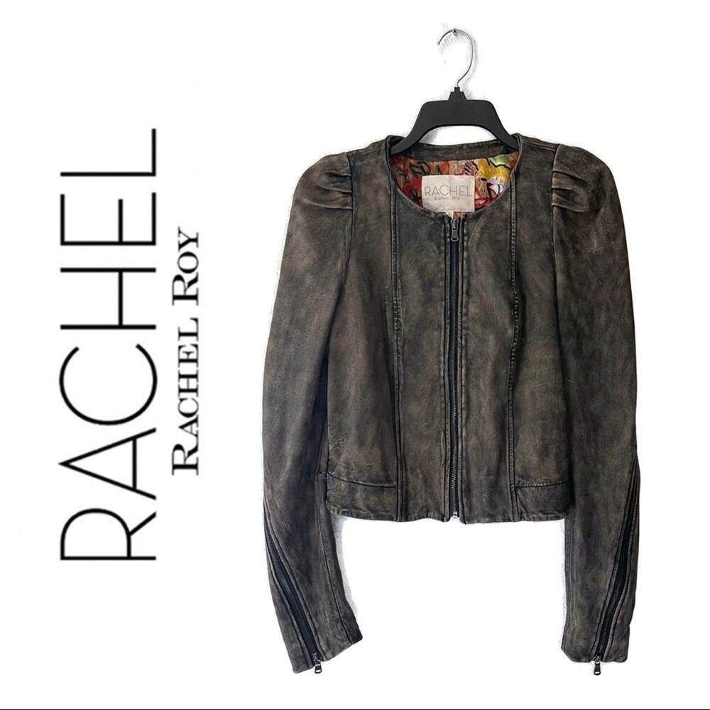 Rachel Roy Zip Puff Sleeve Graffiti Acid Wash Leather Moto Jacket Size S